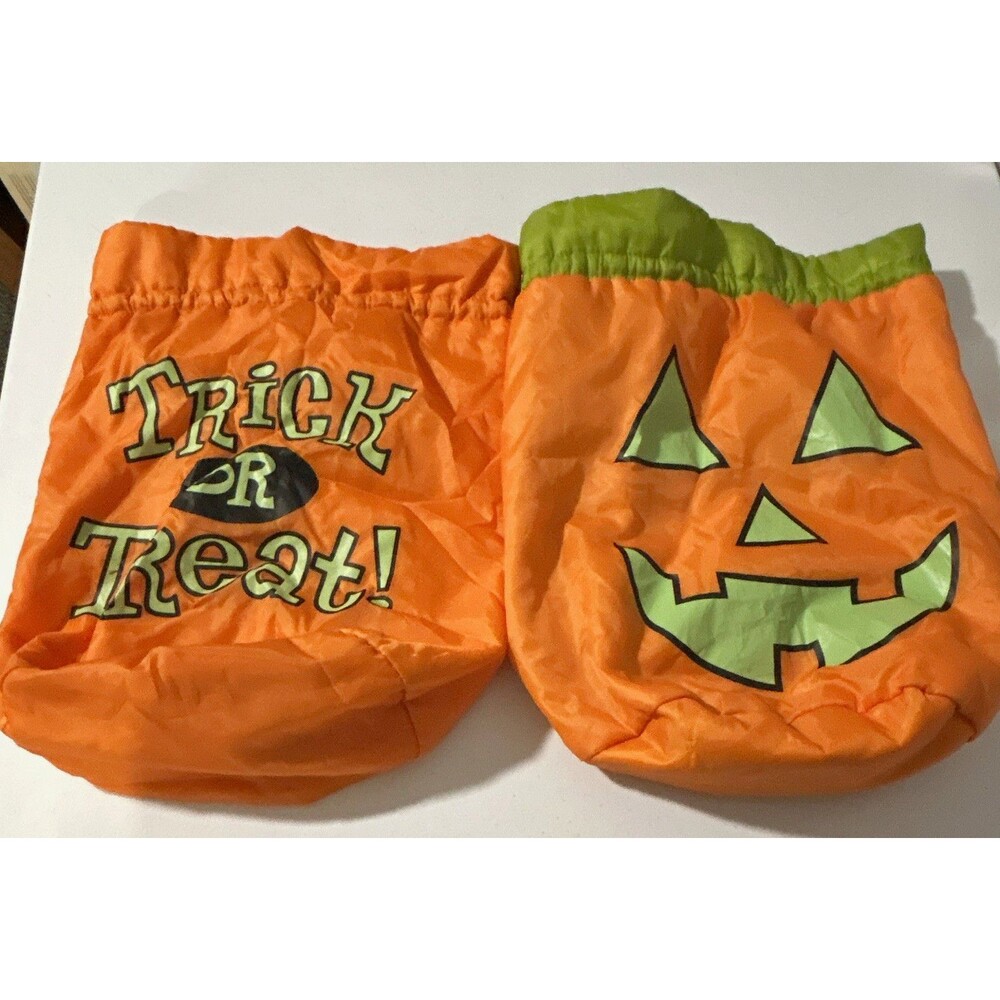 Lot of 2 Halloween Drawstring Bags: Orange/Green Kids Fabric Pumpkin